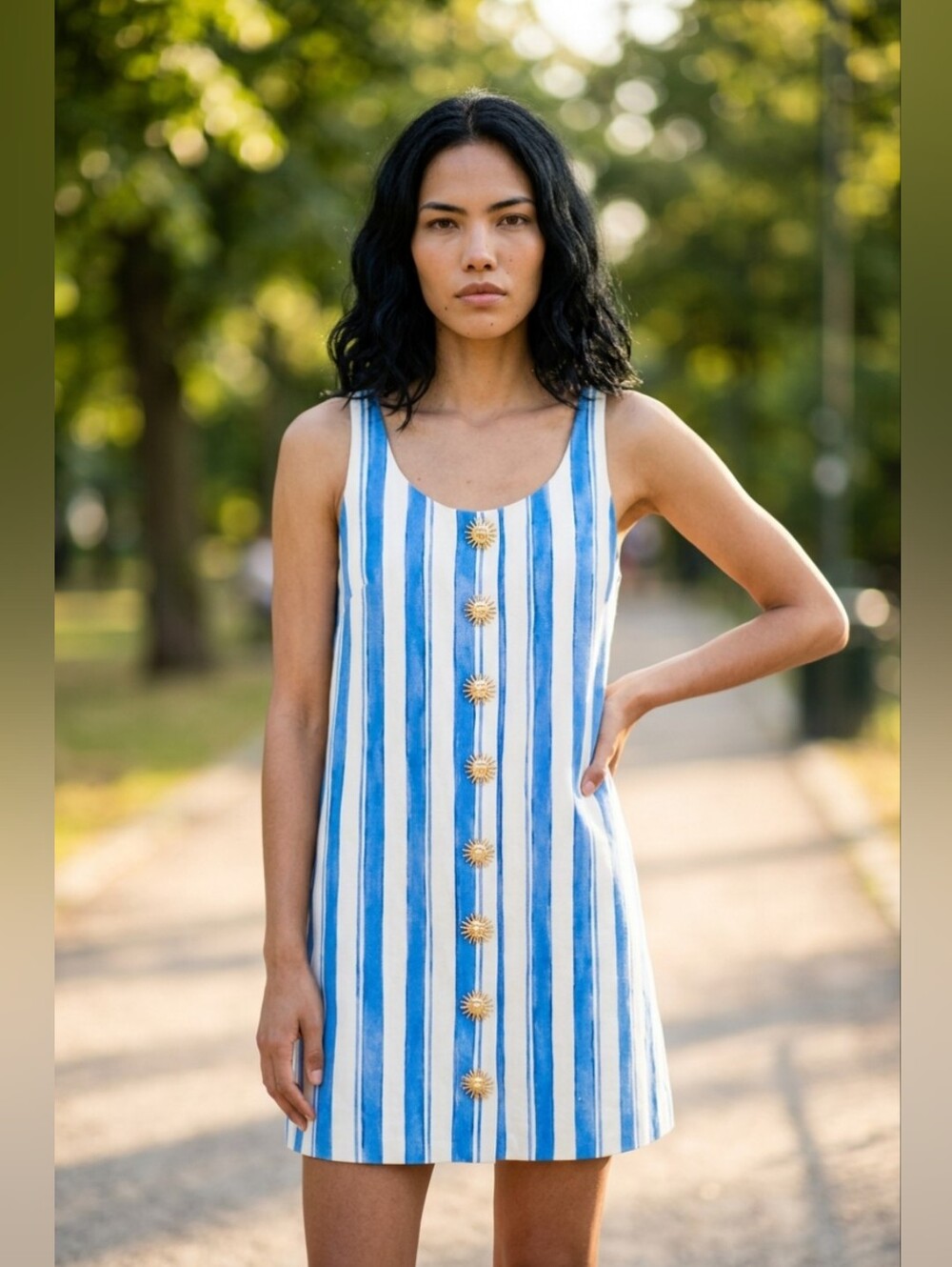 MESTIZA MERCEDES Blue and White Striped Mini Dress with Sunburst Buttons
